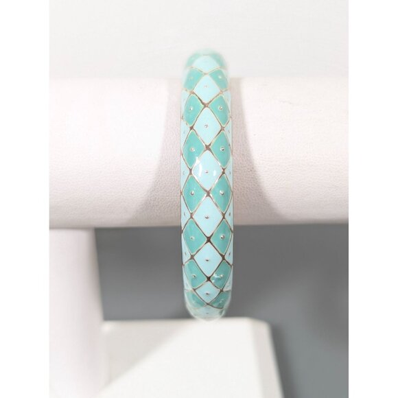 Vintage 7.5-Inch Hinged Bangle Bracelet With Turquoise Enamel Diamond Pattern - Picture 1 of 8
